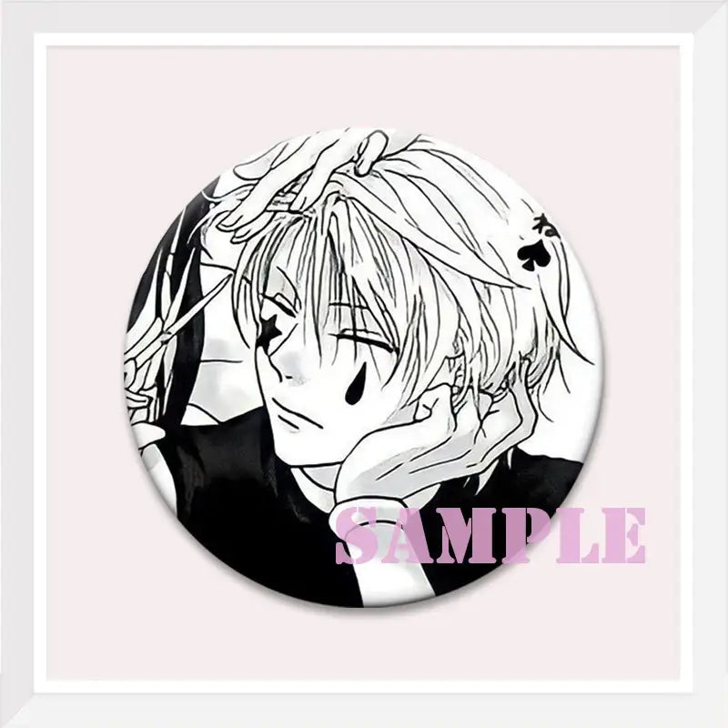 Black and white hunter x hunter kurapika brooch pin featuring anime character with light hair and spade symbol