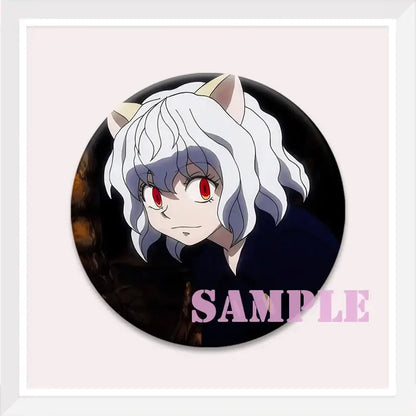 Circular black hunter x hunter kurapika brooch pin featuring an anime character with white and gray wavy hair and red eyes