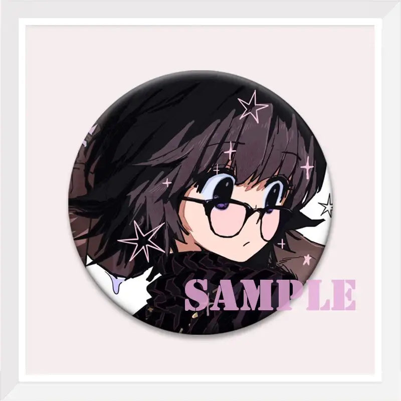 Hunter x hunter kurapika brooch pin featuring a black and white round anime girl with dark hair glasses and star accents