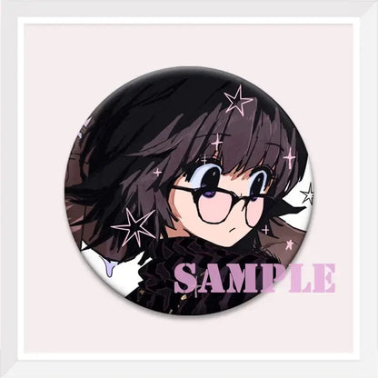 Hunter x hunter kurapika brooch pin featuring a black and white round anime girl with dark hair glasses and star accents