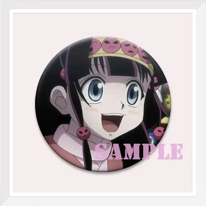 Hunter x hunter kurapika brooch pin featuring a circular button with anime character black hair blue eyes and pink skull headband
