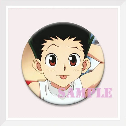 Circular hunter x hunter brooch pin featuring cartoon gon freecss with black spiky hair and red eyes in white tank top