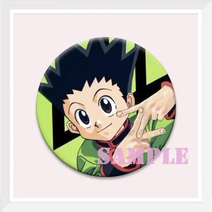 Hunter x hunter kurapika brooch pin featuring a round cartoon badge with spiky hair and green outfit on lime background