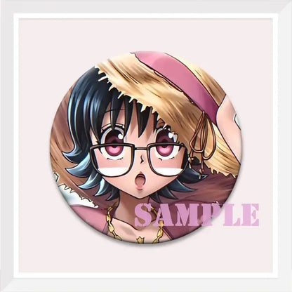 Circular hunter x hunter kurapika brooch pin featuring anime character with black and blue hair and pink glasses