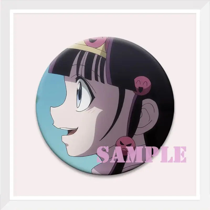 Hunter x hunter kurapika brooch pin featuring a circular badge with black hair anime side profile on light blue background