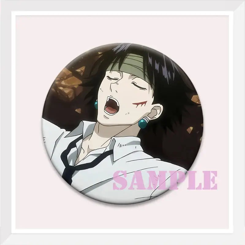 Circular hunter x hunter kurapika brooch pin featuring an anime character with dark hair and teal earrings on black background