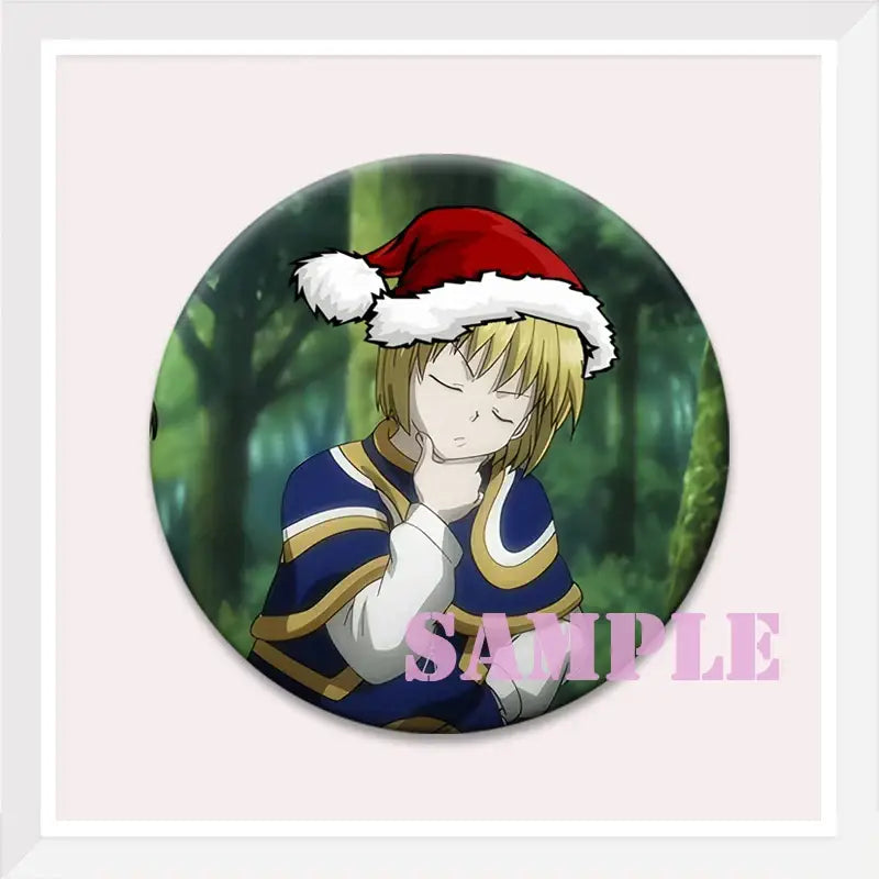Circular hunter x hunter kurapika brooch pin featuring blonde hair anime character in red santa hat and blue gold outfit
