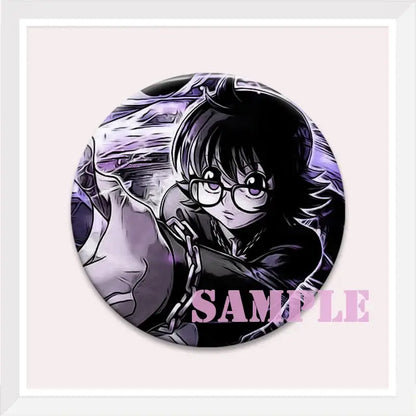 Hunter x hunter kurapika brooch pin featuring black-haired anime character with glasses on swirling purple badge background