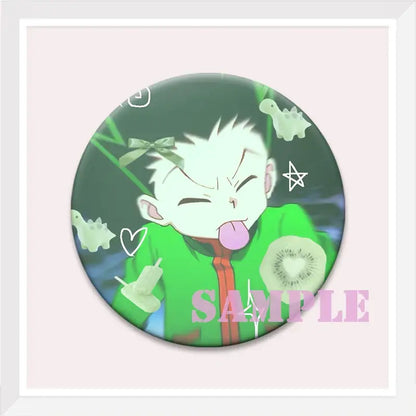 Circular green hunter x hunter kurapika brooch pin featuring cartoon boy with white hair in bright green jacket