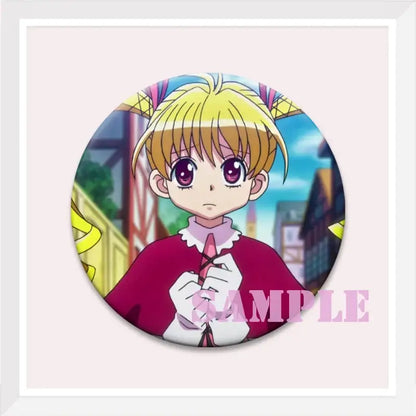 Circular hunter x hunter kurapika brooch pin featuring blonde hair anime character with purple eyes and red coat