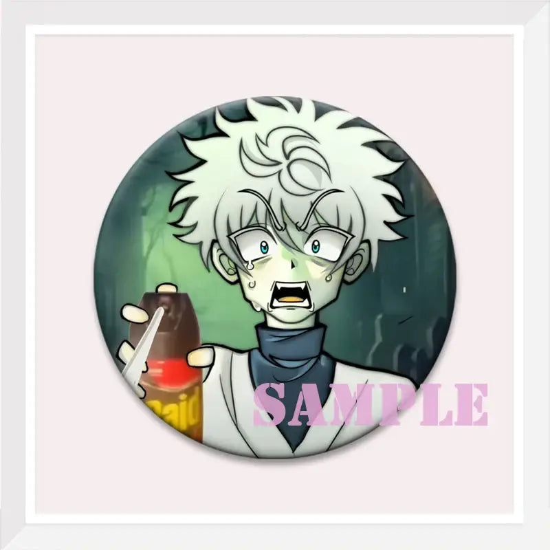 Circular hunter x hunter kurapika brooch pin featuring white-haired anime character in lab coat holding bottle