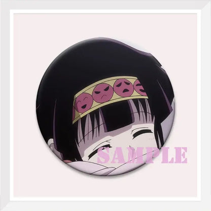 Hunter x hunter kurapika brooch pin featuring black hair with gold headband and pink smiling and frowning emoji faces
