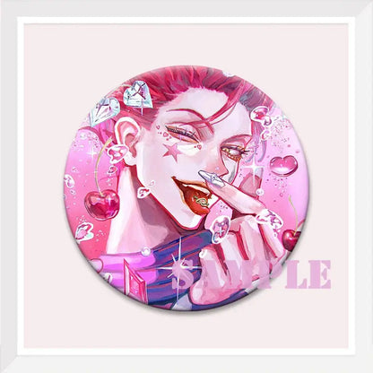 Pink circular hunter x hunter kurapika brooch pin featuring red hair anime character with diamonds cherries and hearts design