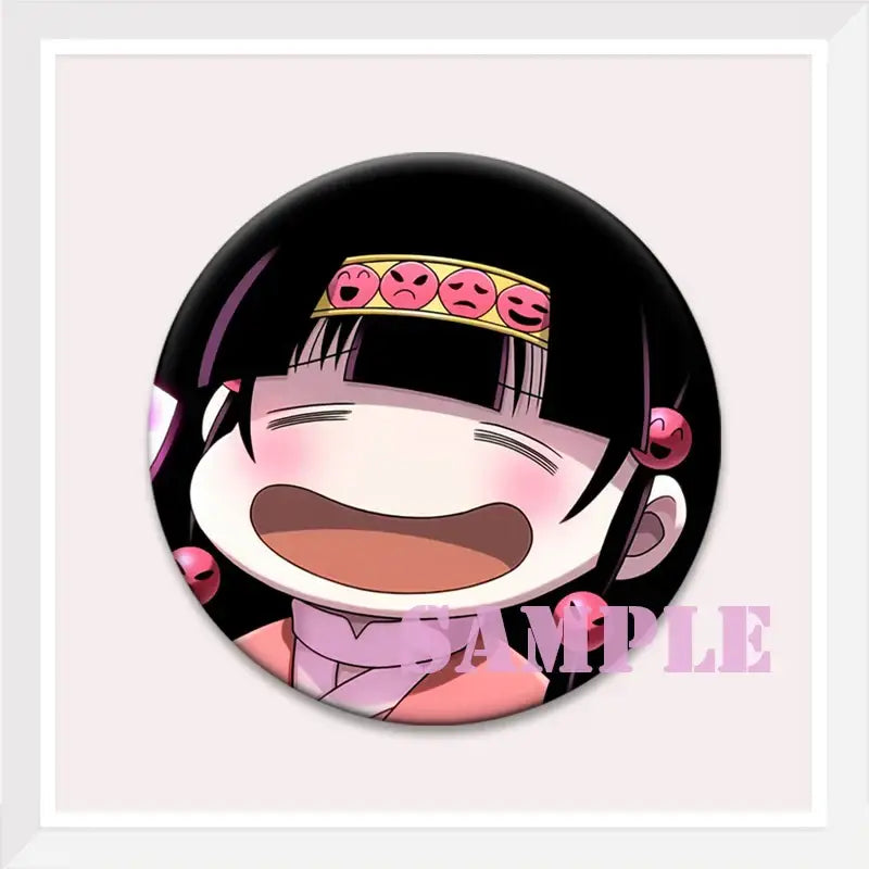Hunter x hunter kurapika brooch pin featuring a black round button with a cartoon character wearing a yellow headband