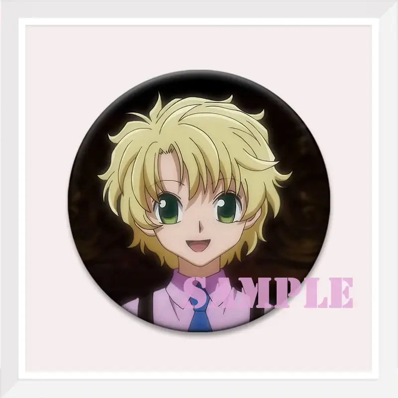 Hunter x hunter kurapika brooch pin featuring a round button with spiky blonde hair anime character in pink shirt and blue tie