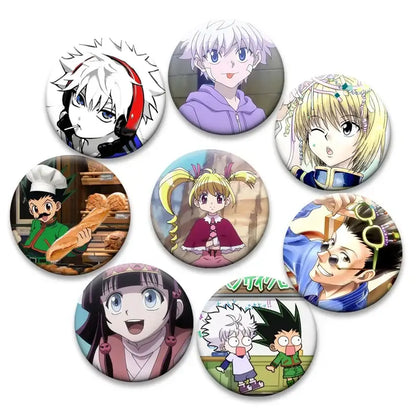Set of seven hunter x hunter kurapika brooch pins featuring colorful glossy round cartoon anime illustrations
