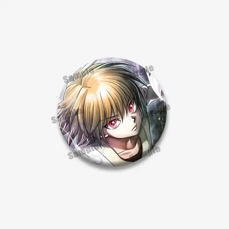 Circular hunter x hunter kurapika round brooch featuring an anime character with spiky blonde and dark hair and red eyes