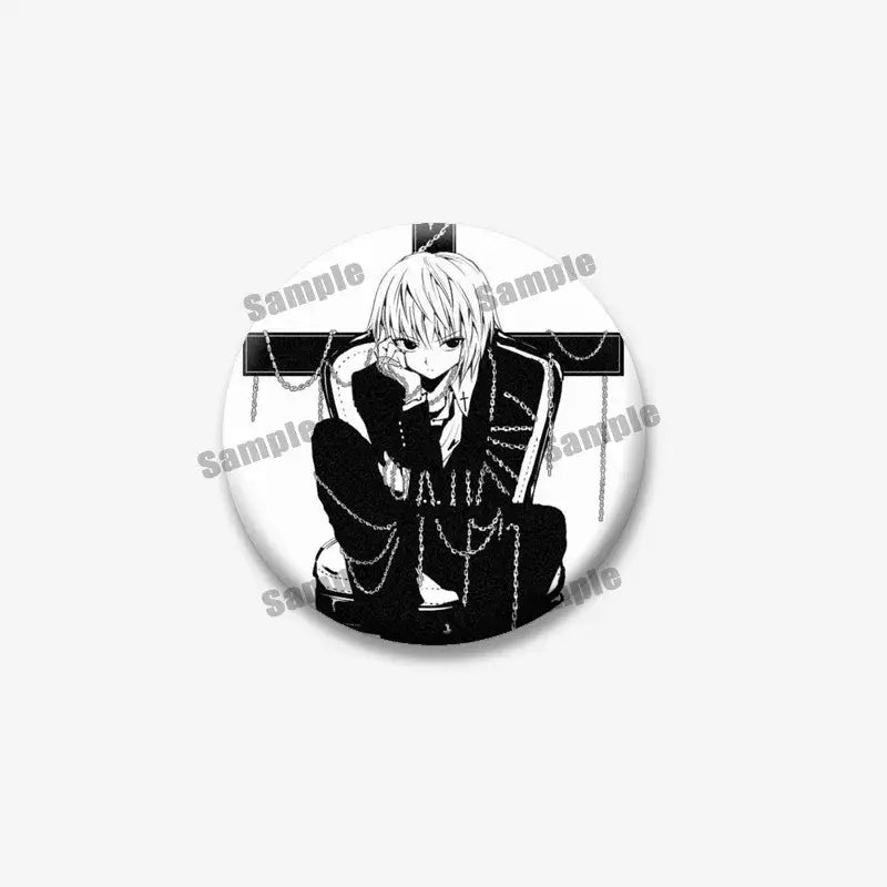 Black-and-white kurapika round brooch featuring silver-haired hunter x hunter anime character seated on chained cross