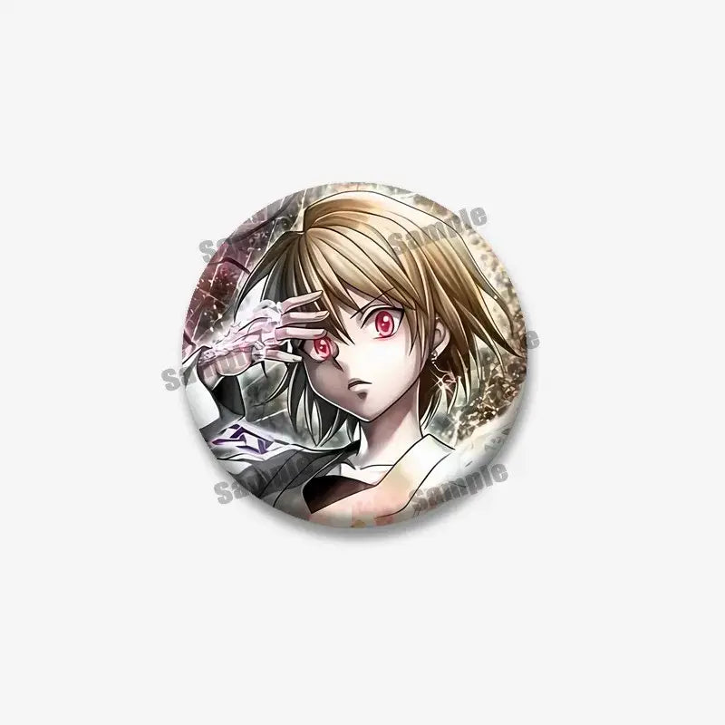 Circular kurapika round brooch featuring hunter x hunter anime character with blonde hair and red eyes in dynamic pose