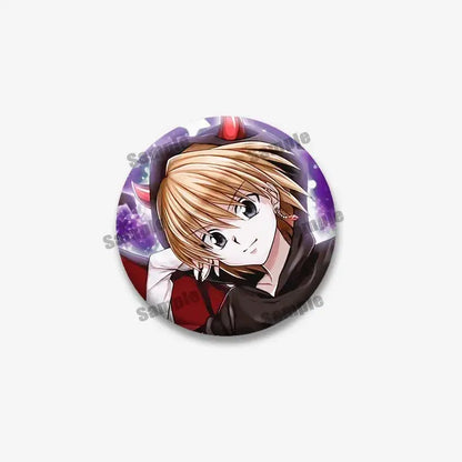 Circular hunter x hunter kurapika round brooch with blonde hair character red horns black and red outfit on purple background