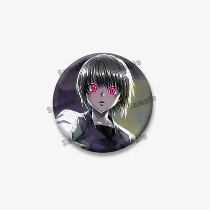 Circular hunter x hunter kurapika round brooch featuring stylized kurapika with short dark hair and red eyes cartoon badge