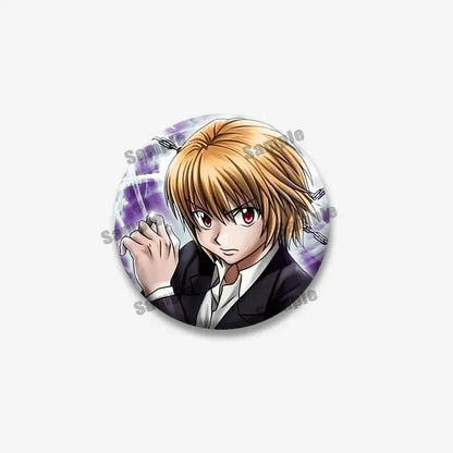 Circular kurapika round brooch featuring hunter x hunter anime character with blonde hair and red eyes in black suit