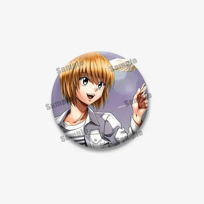 Circular kurapika round brooch featuring hunter x hunter anime character with blonde hair on purple background