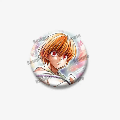 Hunter x hunter kurapika round brooch featuring an anime character with orange hair and red eyes on pastel background