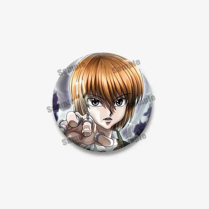 Kurapika round brooch featuring hunter x hunter anime character with short orange hair and rings on hand in round brooch design