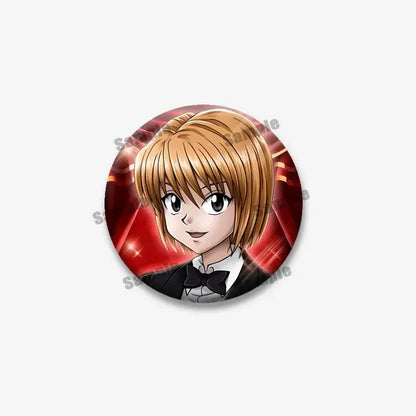 Circular hunter x hunter kurapika round brooch featuring an anime character in a black tuxedo on red background