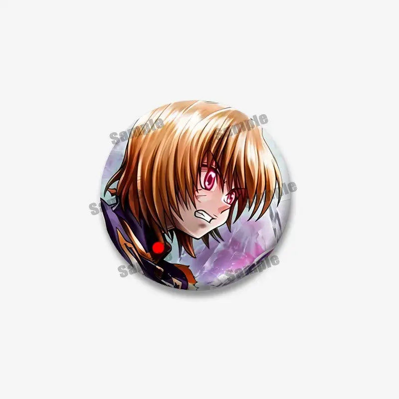 Circular kurapika round brooch featuring hunter x hunter anime character with light brown hair and red eyes in purple outfit