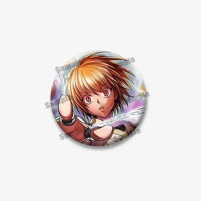Circular kurapika round brooch featuring hunter x hunter anime character with spiky orange hair and chains in dynamic pose
