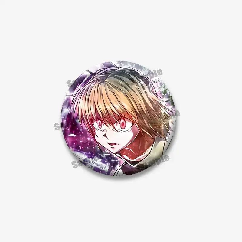 Circular kurapika round brooch featuring hunter x hunter anime character with blonde hair and red eyes on purple background