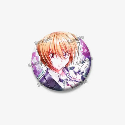 Circular kurapika round brooch with orange hair anime character from Hunter x Hunter on vibrant purple and pink background