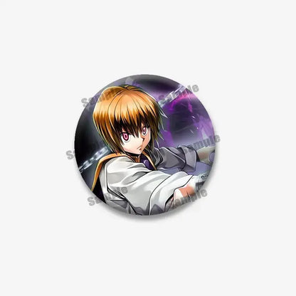 Circular hunter x hunter kurapika round brooch featuring an anime character with orange hair and red eyes on purple background