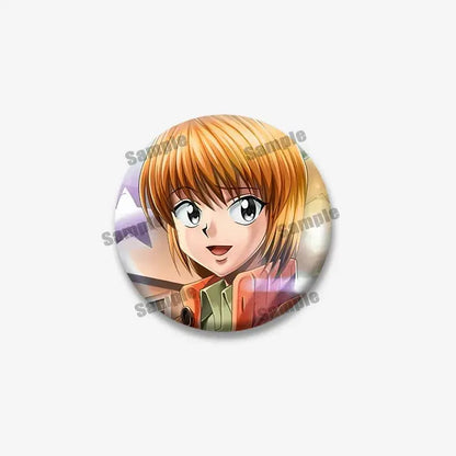 Circular kurapika round brooch featuring hunter x hunter anime character with short orange hair and red jacket