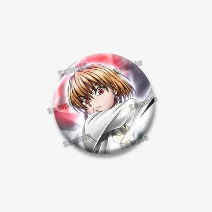 Circular hunter x hunter kurapika round brooch featuring blonde hair kurapika in white outfit on pink gray background