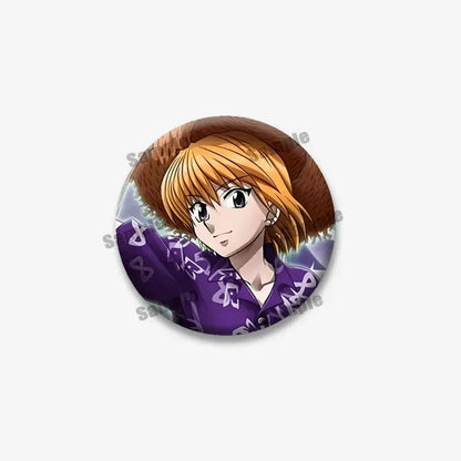 A hunter x hunter kurapika round brooch featuring an orange-haired anime character in a purple patterned shirt