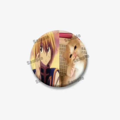 Circular kurapika round brooch split design featuring hunter x hunter anime character and cute orange kitten badge