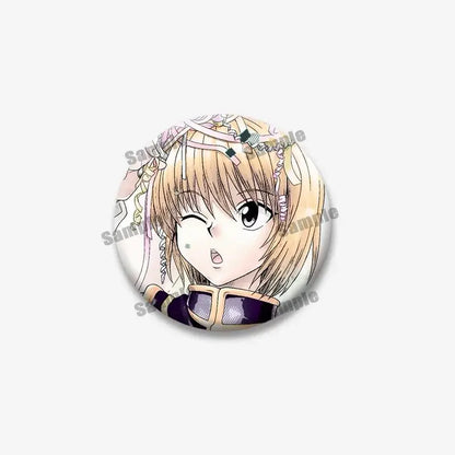 Circular kurapika round brooch featuring blonde anime character with pink ribbons in purple outfit from hunter x hunter