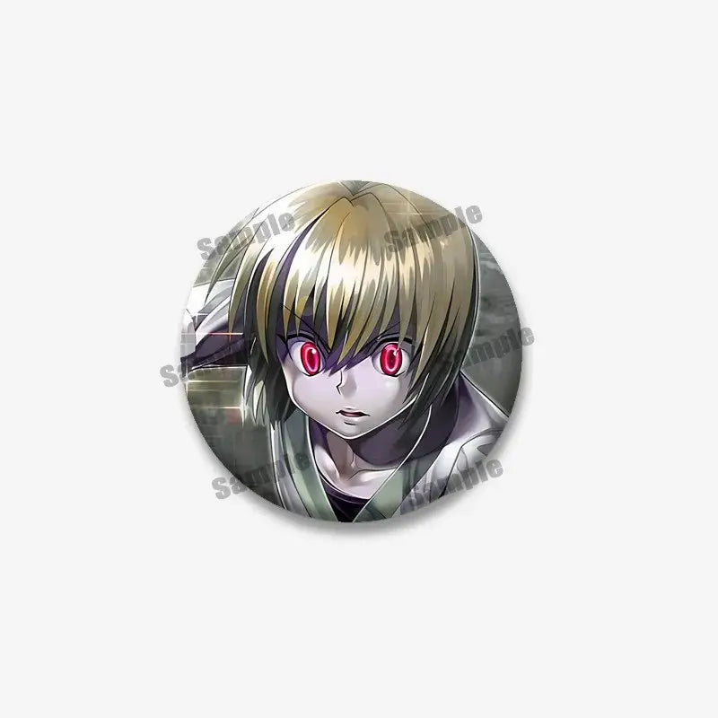 Circular kurapika round brooch featuring hunter x hunter anime character with blonde hair and red eyes in detailed style