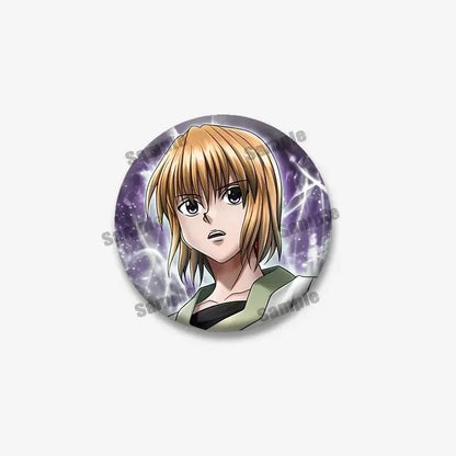 Circular hunter x hunter kurapika round brooch featuring an anime character with blonde hair and green jacket