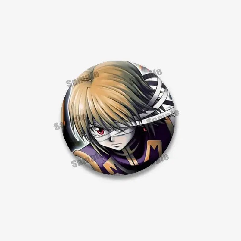 Circular kurapika round brooch featuring blonde hair anime character with white eye patch and dark purple outfit from hunter x hunter
