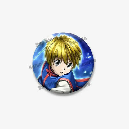 Circular kurapika round brooch featuring hunter x hunter anime character with blonde hair and blue outfit with red trim
