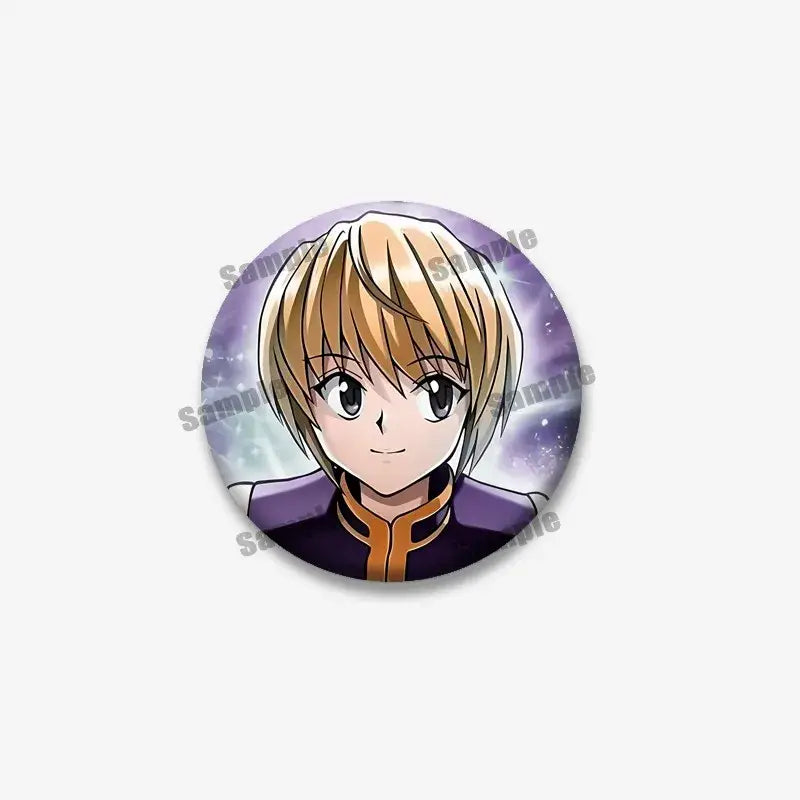 Circular hunter x hunter kurapika round brooch featuring a blonde anime character in purple outfit on starry background