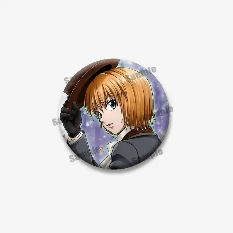 Circular kurapika round brooch with short orange hair anime character in dark suit holding brown hat on purple starry background