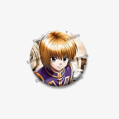 Kurapika round brooch featuring an anime character in a purple and gold hunter x hunter cartoon badge design