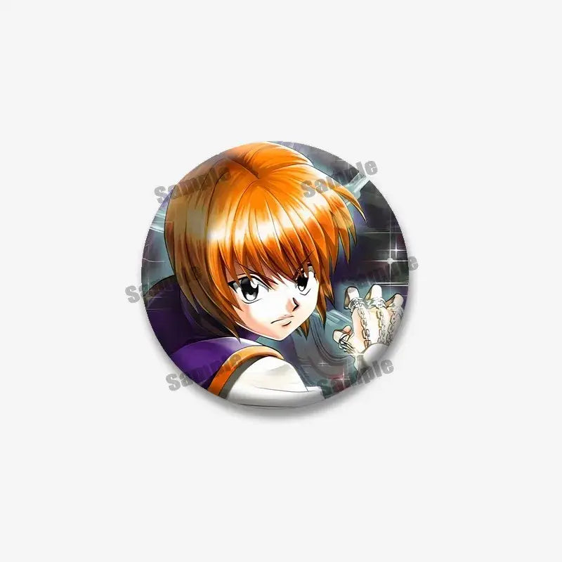 Circular kurapika round brooch featuring hunter x hunter anime character with vibrant orange hair in purple outfit on dark background