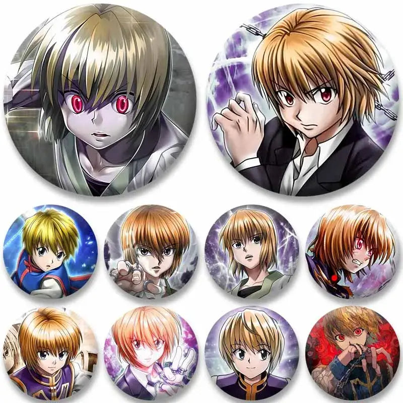 Circular kurapika round brooch featuring hunter x hunter anime character with blonde hair and red eyes on glossy surface