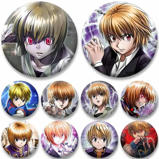 Circular kurapika round brooch featuring hunter x hunter anime character with blonde hair and red eyes on glossy surface